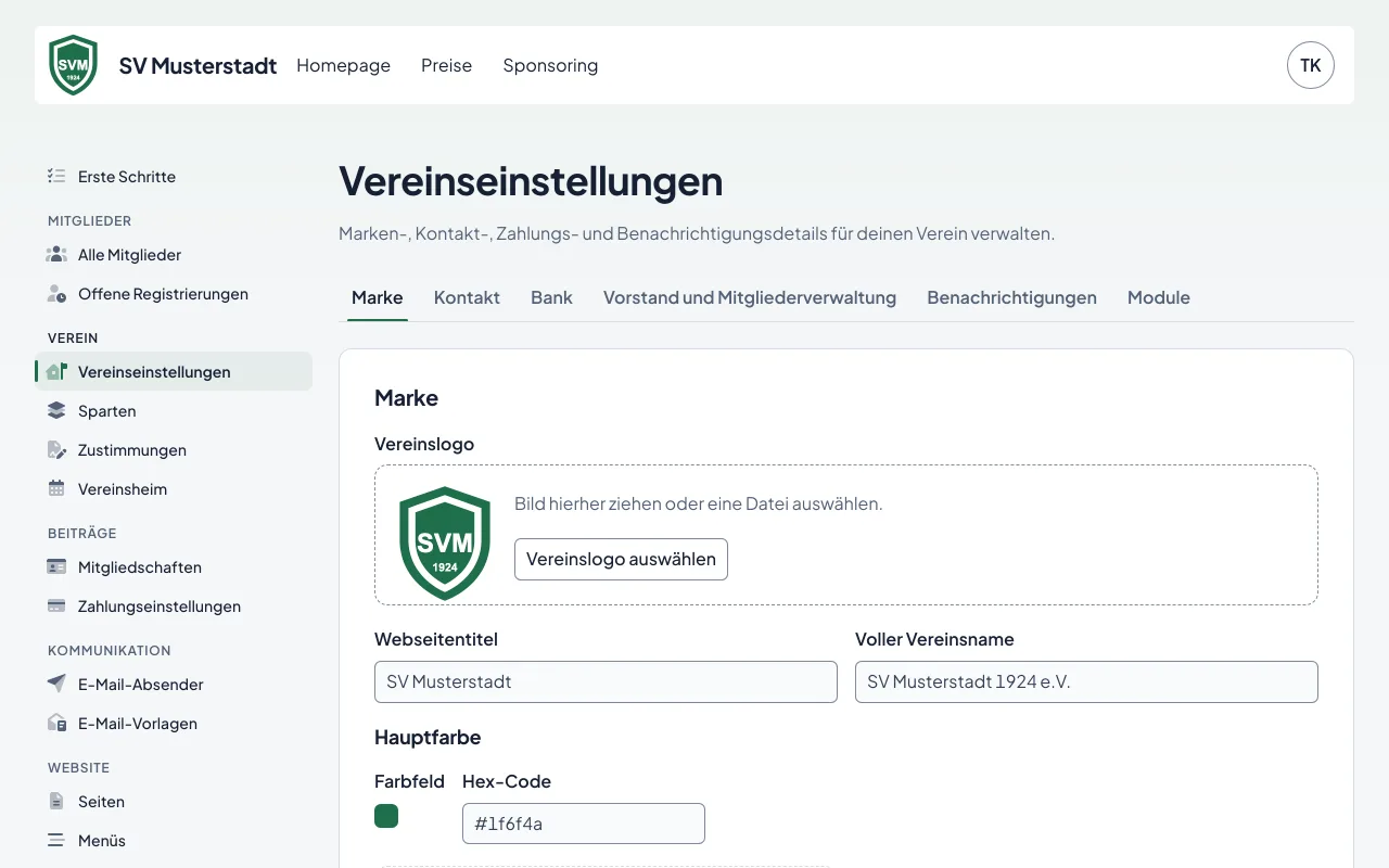Die Vereinseinstellungen mit Logo, Vereinsfarbe und Live-Vorschau