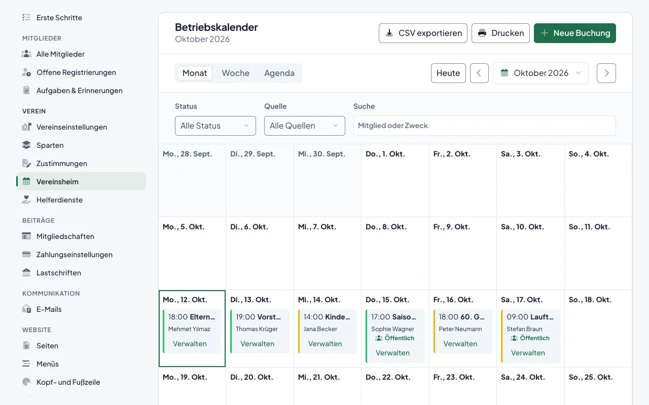 Der Vereinsheim-Kalender für den Vorstand mit bestätigten und angefragten Buchungen der Woche