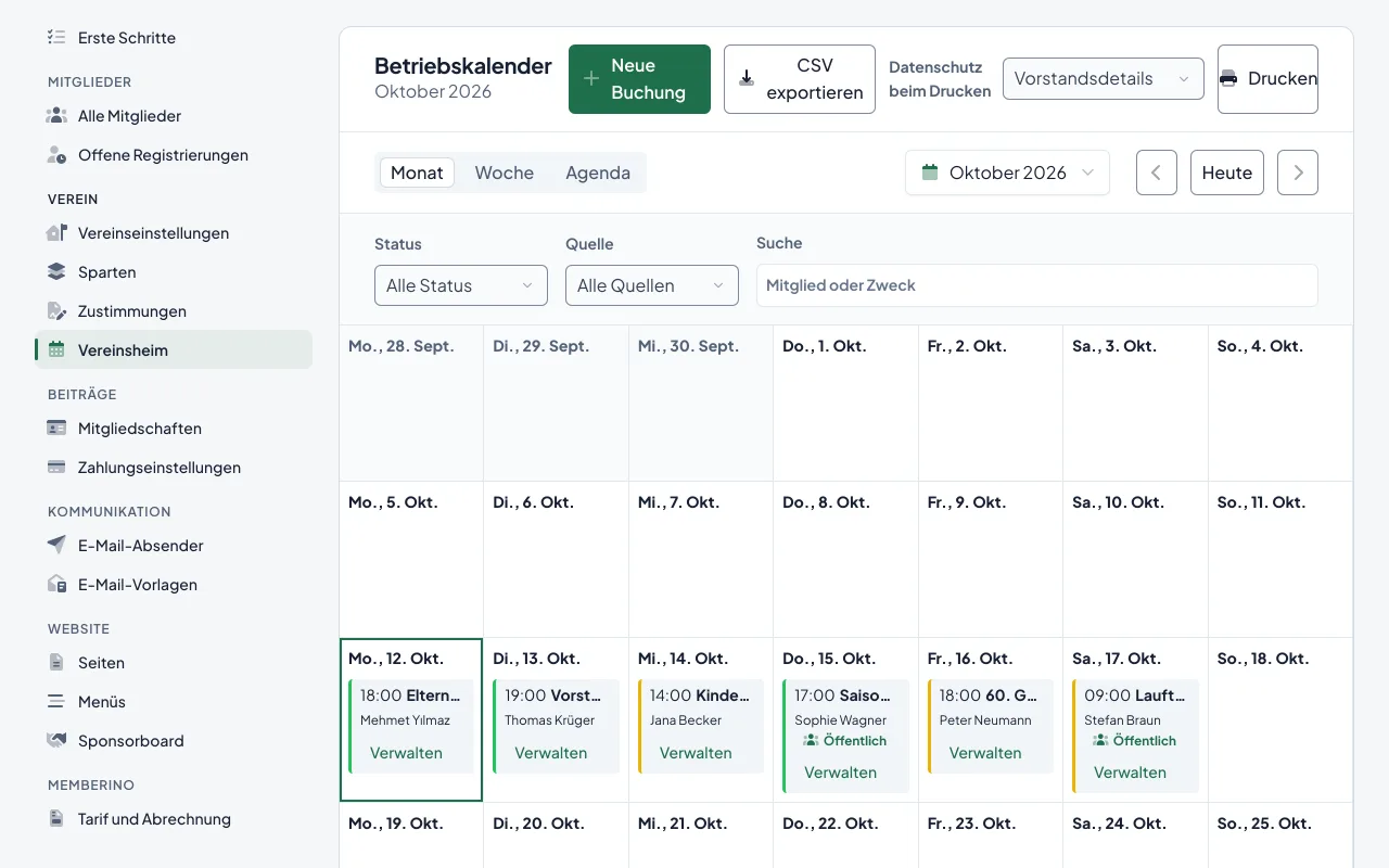 Der Vereinsheim-Kalender für den Vorstand mit bestätigten und angefragten Buchungen der Woche
