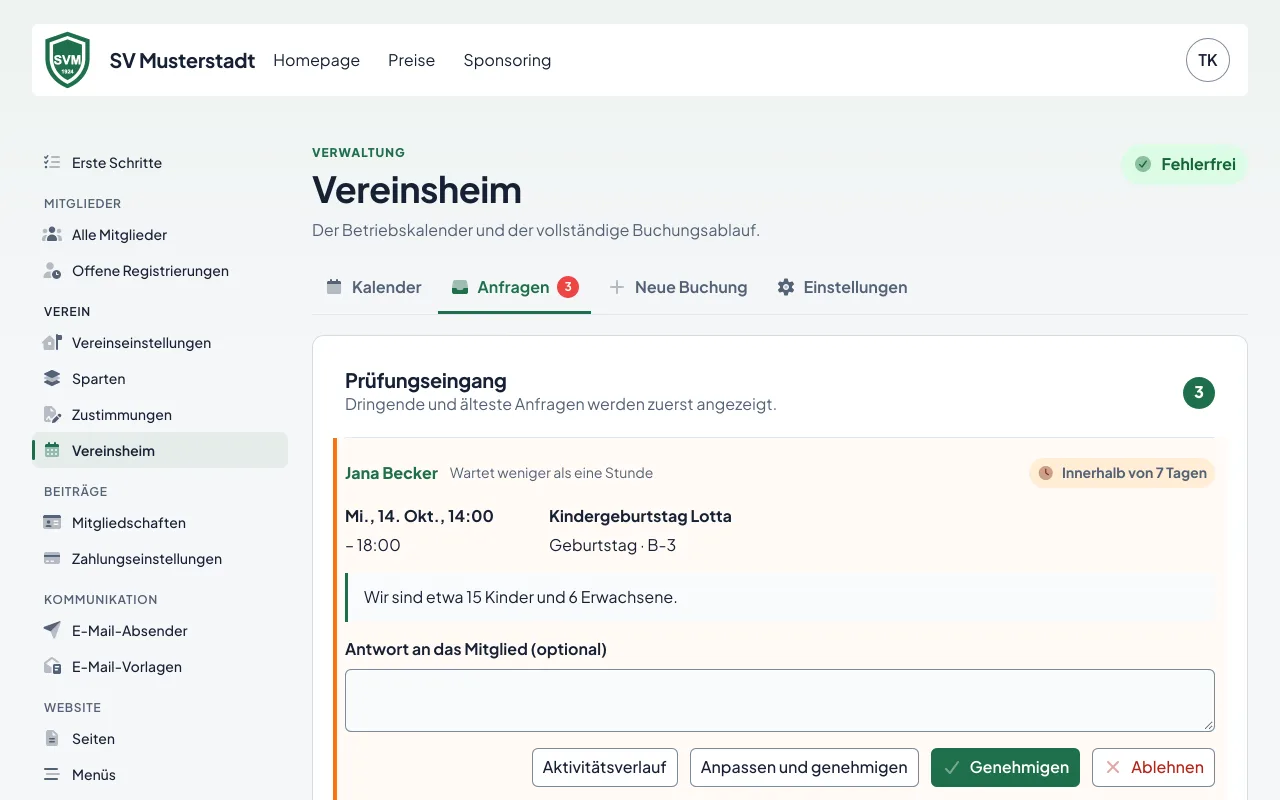 Der Posteingang für Freigaben mit offenen Vereinsheim-Anfragen und Knöpfen zum Annehmen oder Ablehnen