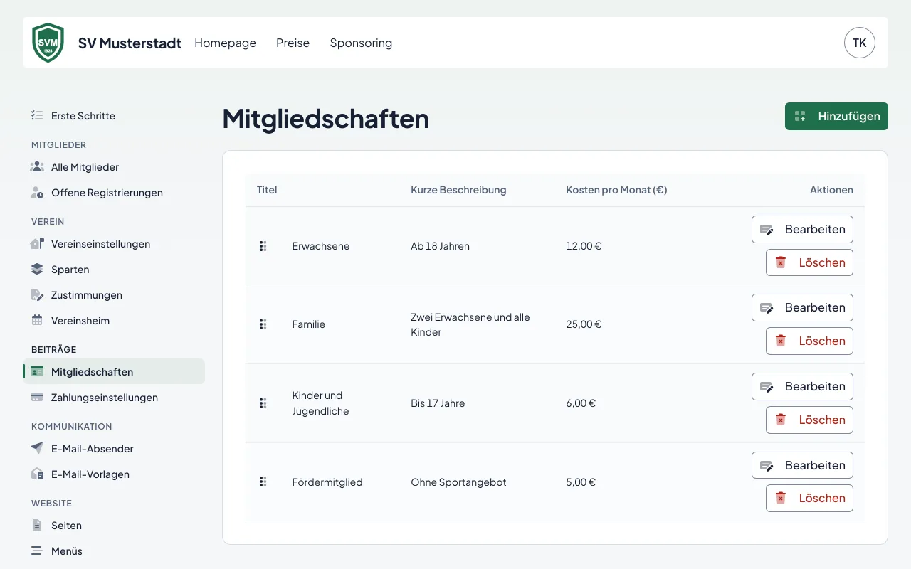 Die Liste der Mitgliedsarten mit Monatsbeiträgen: Erwachsene, Familie, Kinder und Jugendliche, Fördermitglieder