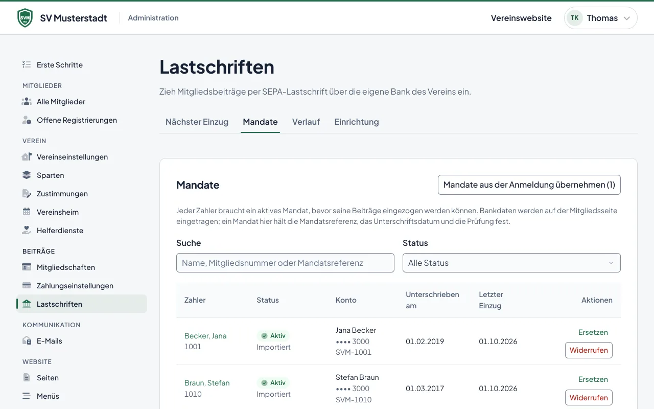 Die Liste der SEPA-Mandate mit Referenz und Status je Mitglied