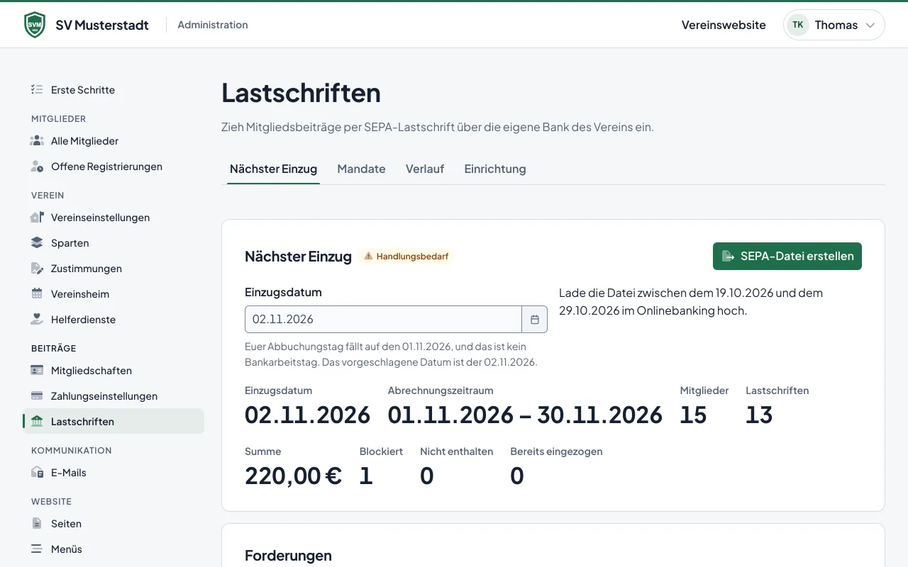 Der nächste Einzug: Datum, Summe und die Forderungen aller Mitglieder