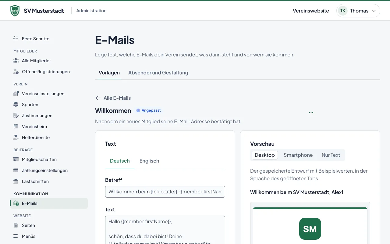 Die Willkommensmail im Editor, mit Text, Feldern und Vorschau