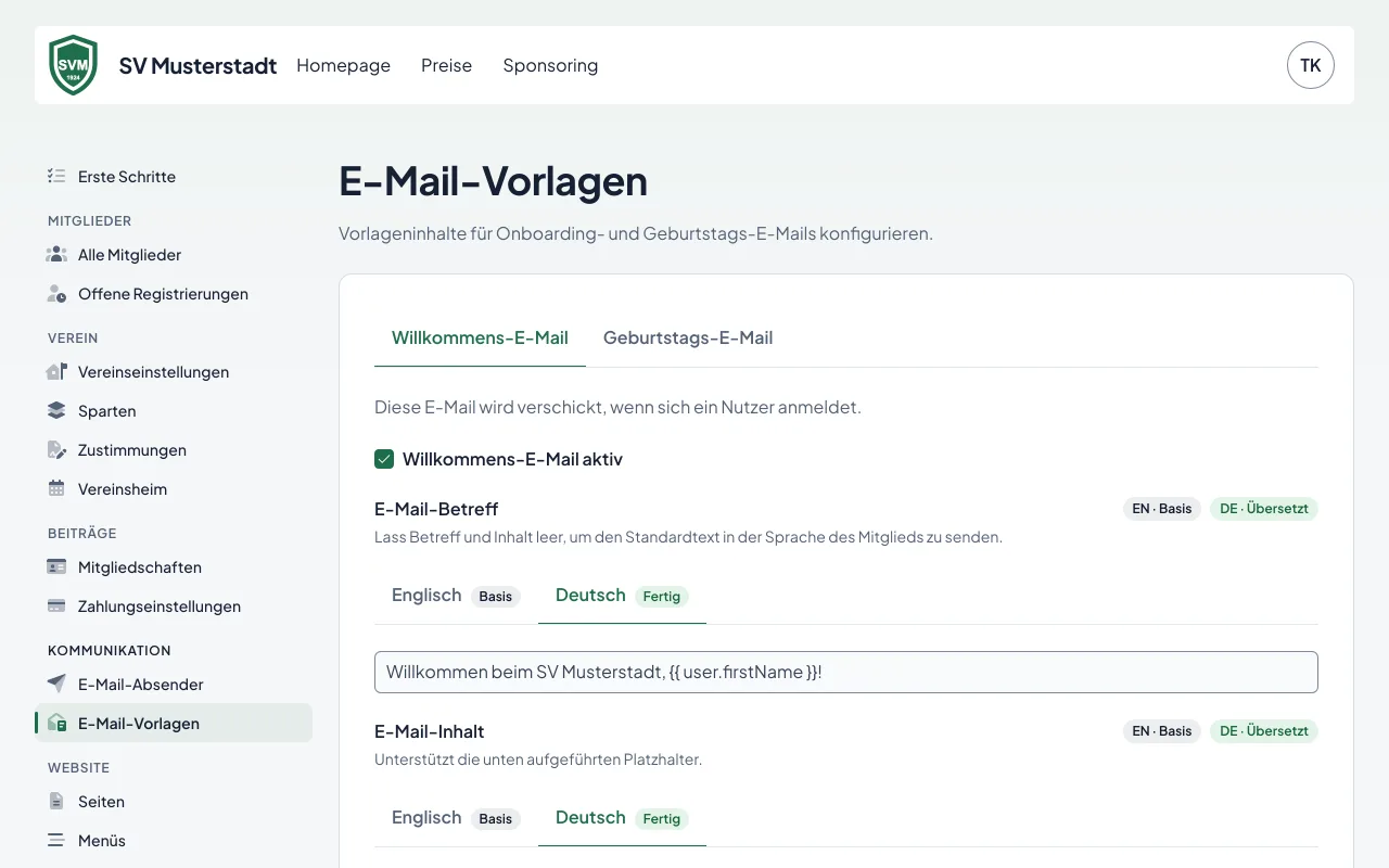 Die E-Mail-Vorlagen für die Willkommens-E-Mail mit Platzhaltern