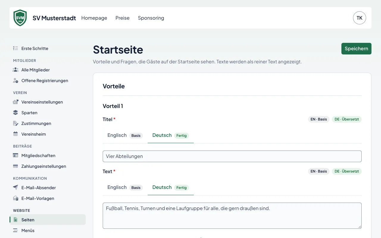Der Editor für die Vereinsstartseite mit Vorteilen und häufigen Fragen