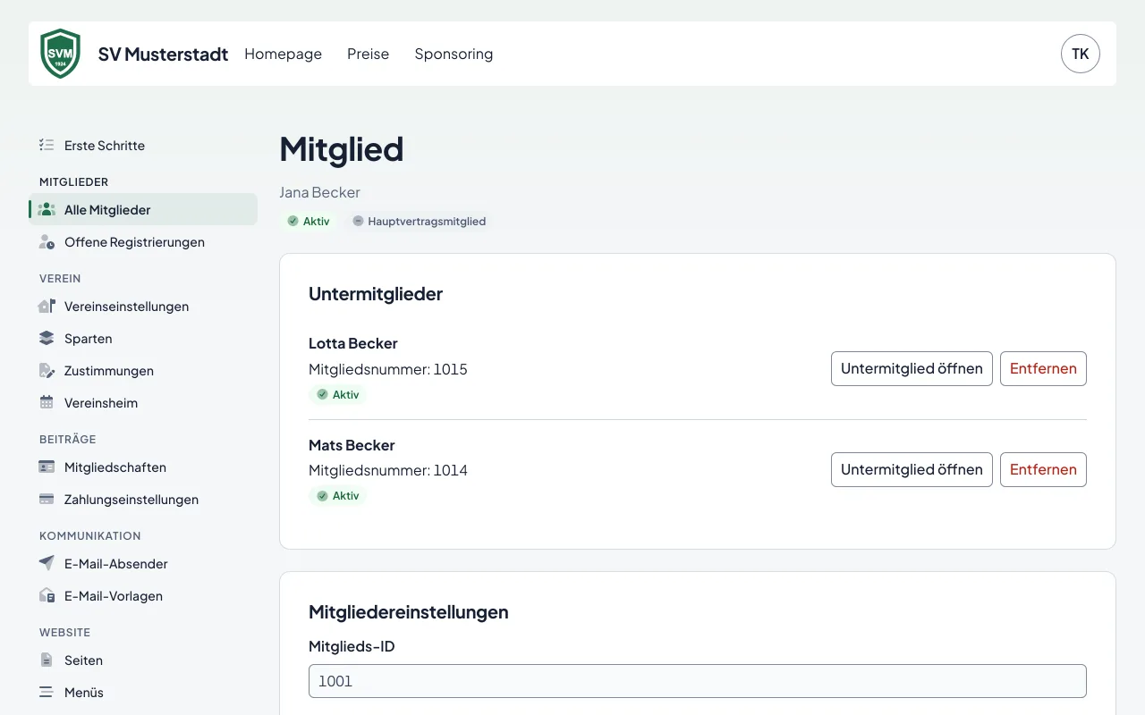 Ein Mitgliedsdatensatz mit persönlichen Daten, Mitgliedsart, SEPA-Daten und Familienmitgliedern