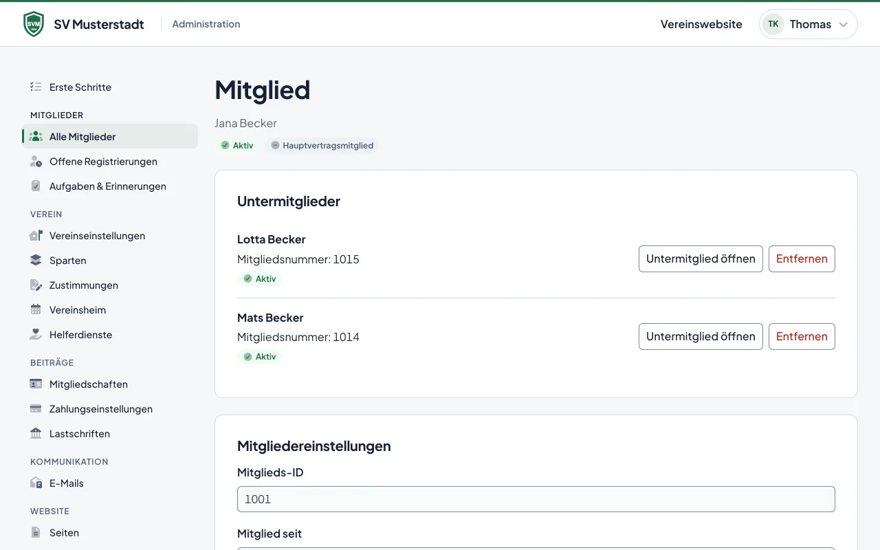 Ein Mitgliedsdatensatz mit persönlichen Daten, Mitgliedsart, SEPA-Daten und Familienmitgliedern