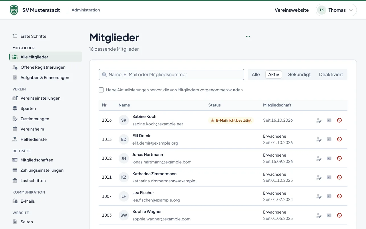 Die Mitgliederliste des Demovereins SV Musterstadt mit Suche, Statusfilter, einer Familie unter dem Hauptmitglied und Statushinweisen