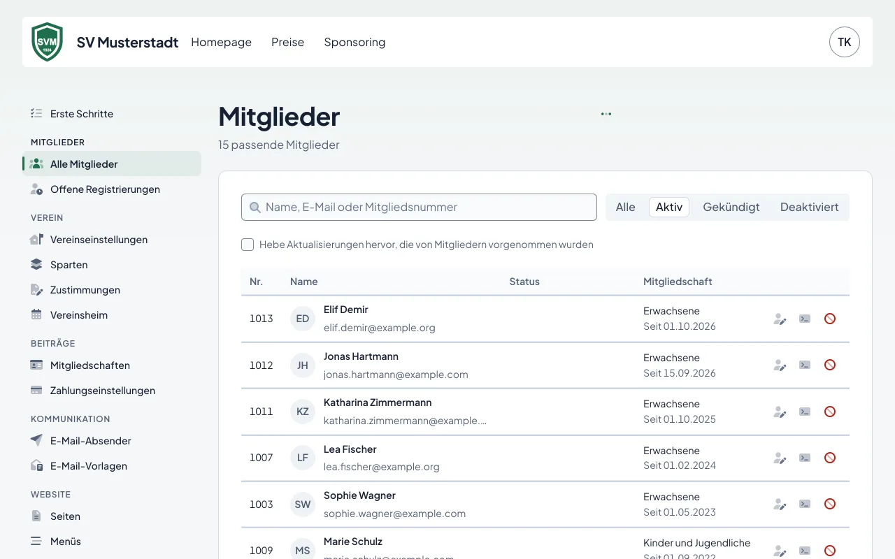 Die Mitgliederliste des Demovereins SV Musterstadt mit Suche, Statusfilter, einer Familie unter dem Hauptmitglied und Statushinweisen
