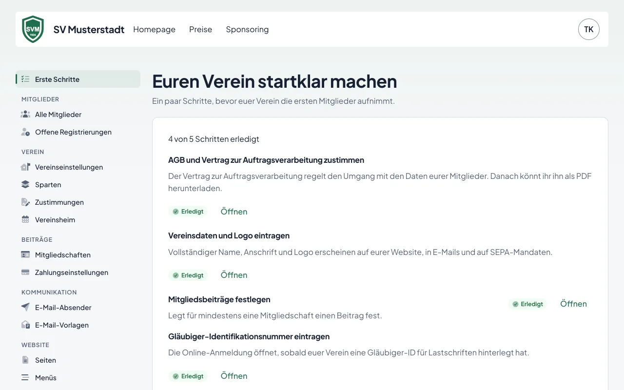 Die Checkliste zum Start eines neuen Vereins mit erledigten und offenen Schritten