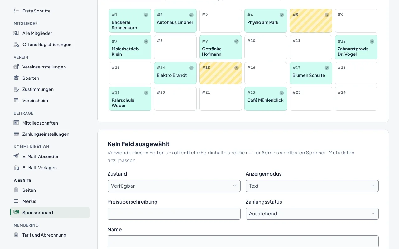 Der Editor der Sponsorentafel mit verkauften, reservierten und freien Feldern und Kennzahlen