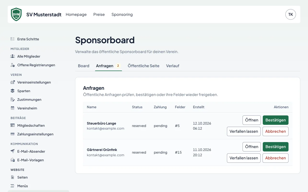 Die Liste der Sponsoring-Anfragen mit Bestätigen, Stornieren und Zahlungsstatus