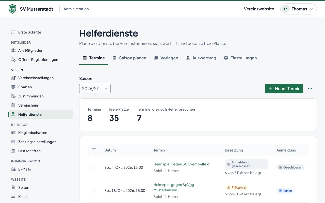 Helferdienste im Adminbereich: die Termine der Saison mit belegten und freien Plätzen