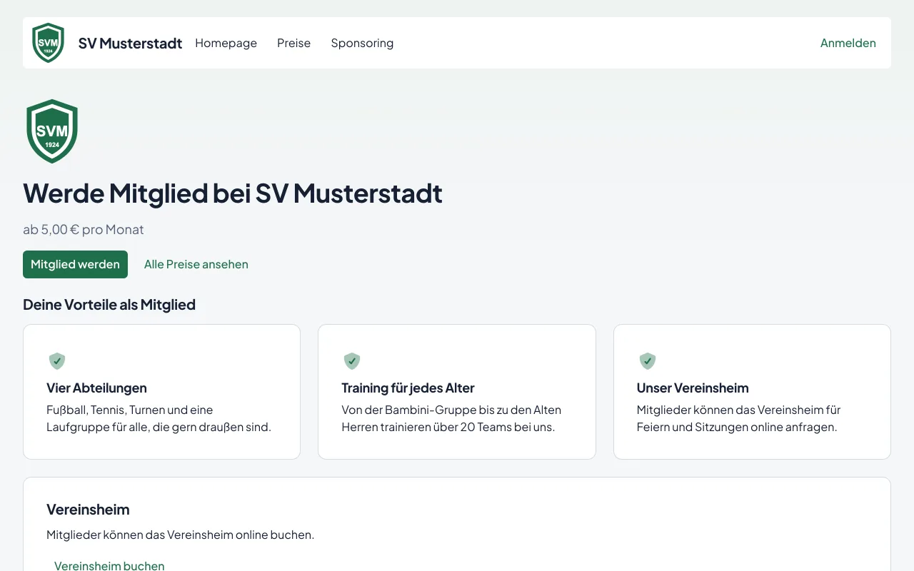 Die Startseite des Demovereins mit Logo, Monatsbeitrag, Vorteilen und einem Knopf zum Beitreten