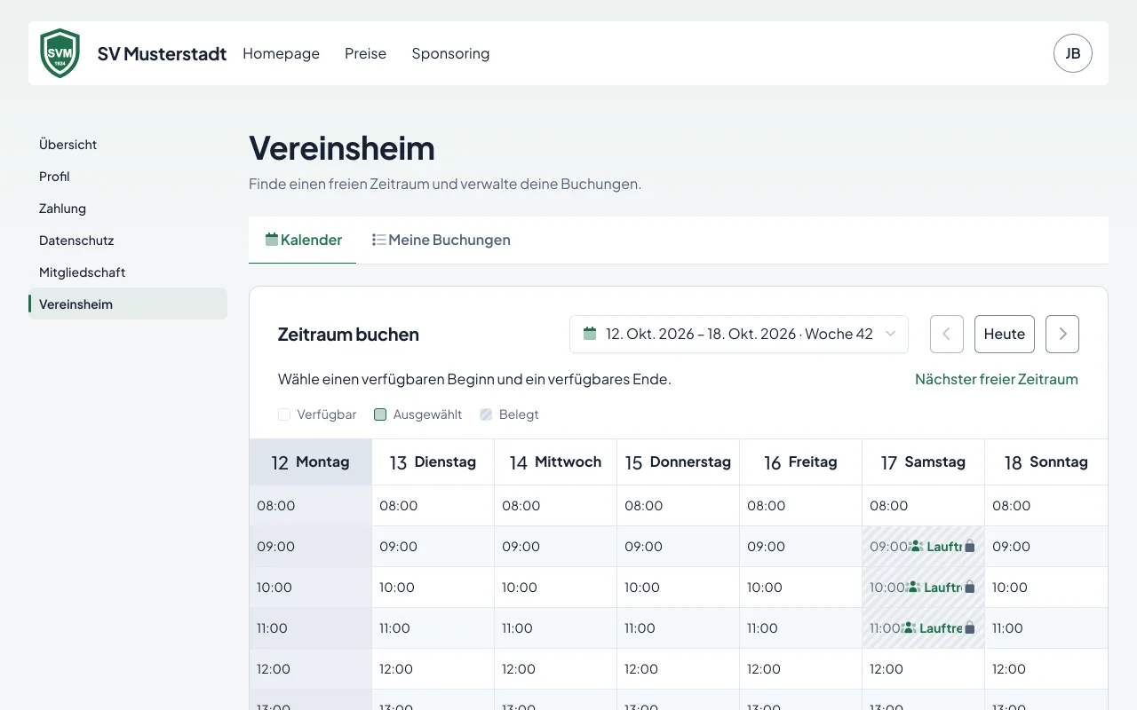 Der Vereinsheim-Kalender für Mitglieder mit freien und belegten Zeiten