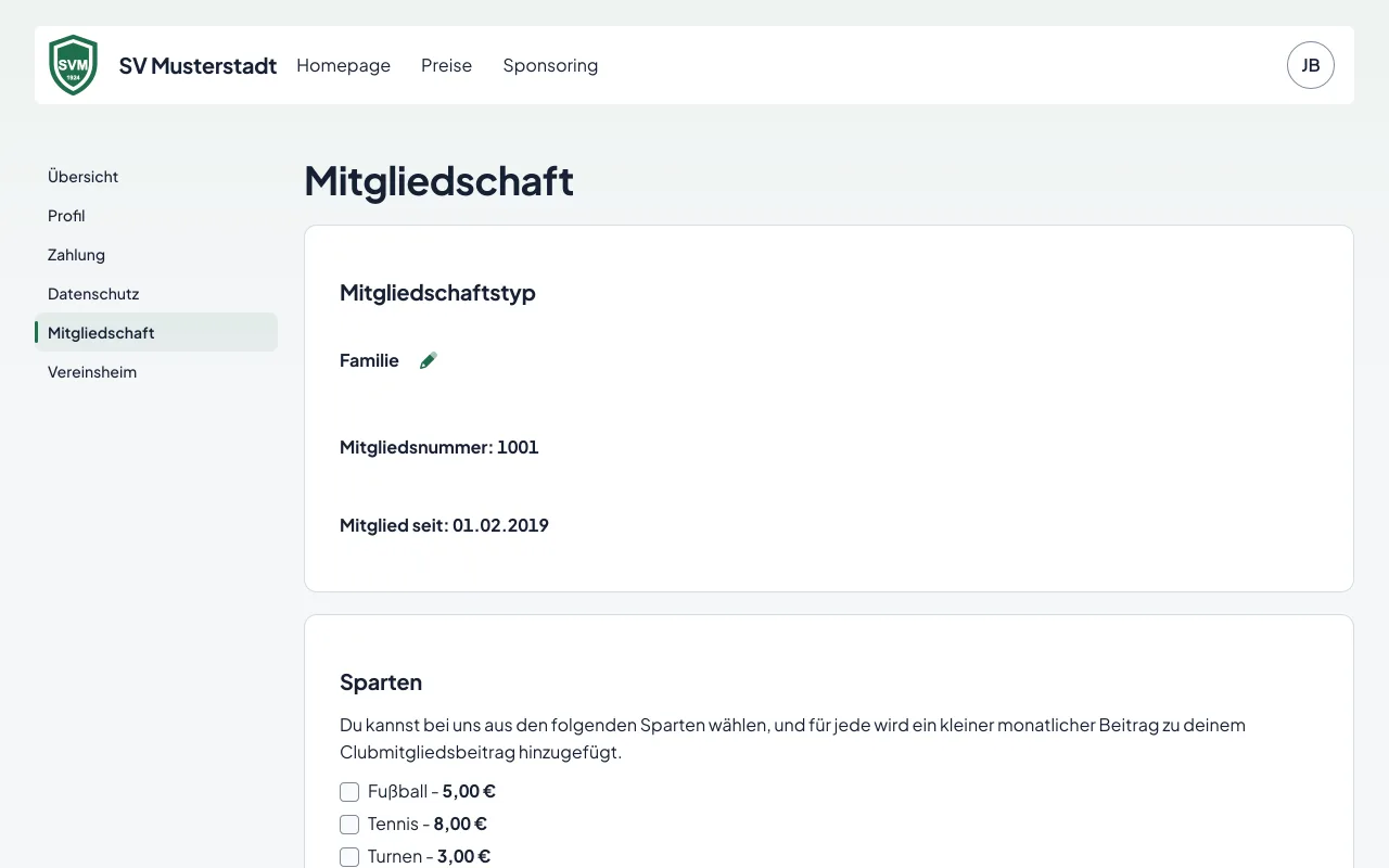 Die Seite Mitgliedschaft im Mitgliederbereich mit Mitgliedsart, Abteilungen und Kündigung