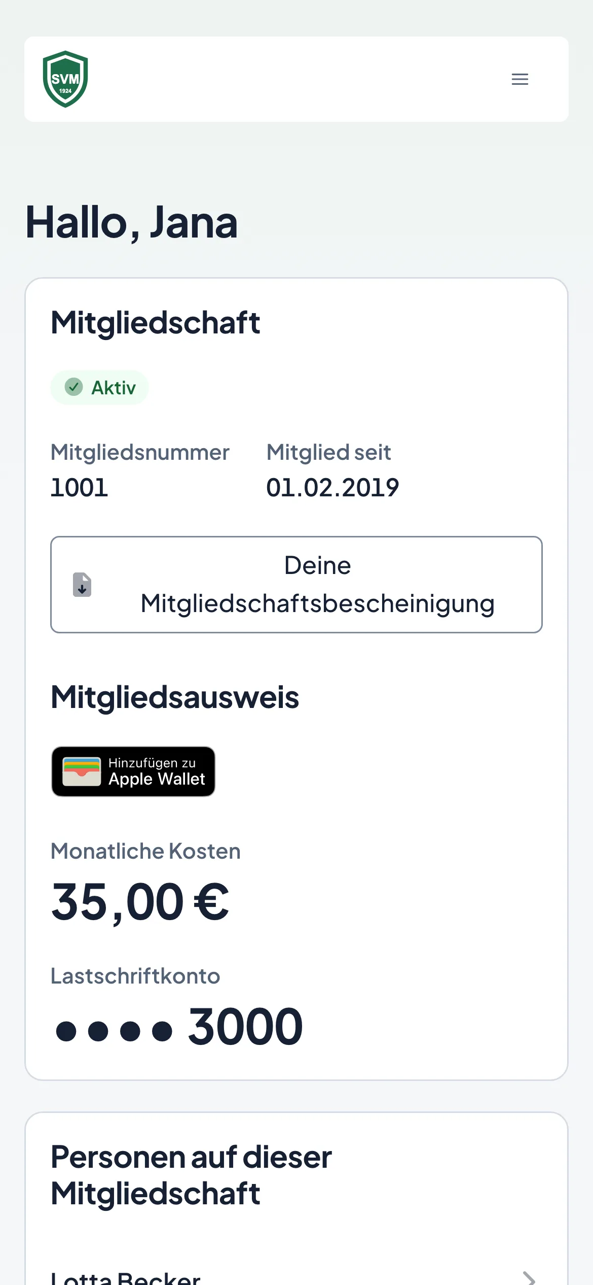 Die Übersicht im Mitgliederbereich auf dem Handy