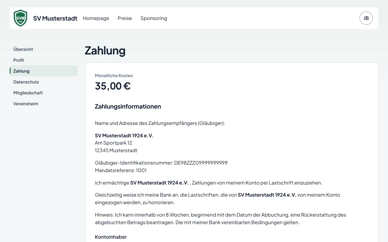 Die Seite Zahlung im Mitgliederbereich mit Bankverbindung und Gläubiger-ID des Vereins
