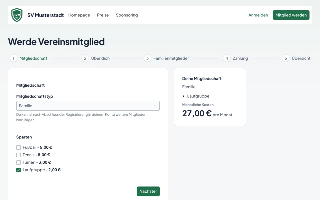 Der erste Schritt des Mitgliedsantrags: Mitgliedsart und Abteilungen wählen, daneben der Monatsbeitrag