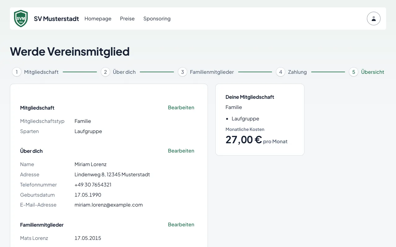 Der Prüfschritt mit Zusammenfassung aller Angaben, maskierter IBAN und den Einwilligungen