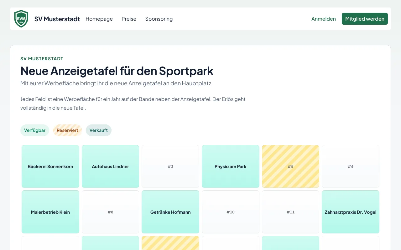 Die öffentliche Sponsorentafel des Demovereins mit freien, reservierten und verkauften Feldern