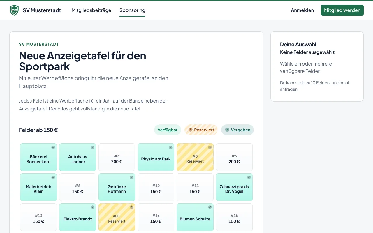Die öffentliche Sponsorentafel des Demovereins mit freien, reservierten und verkauften Feldern