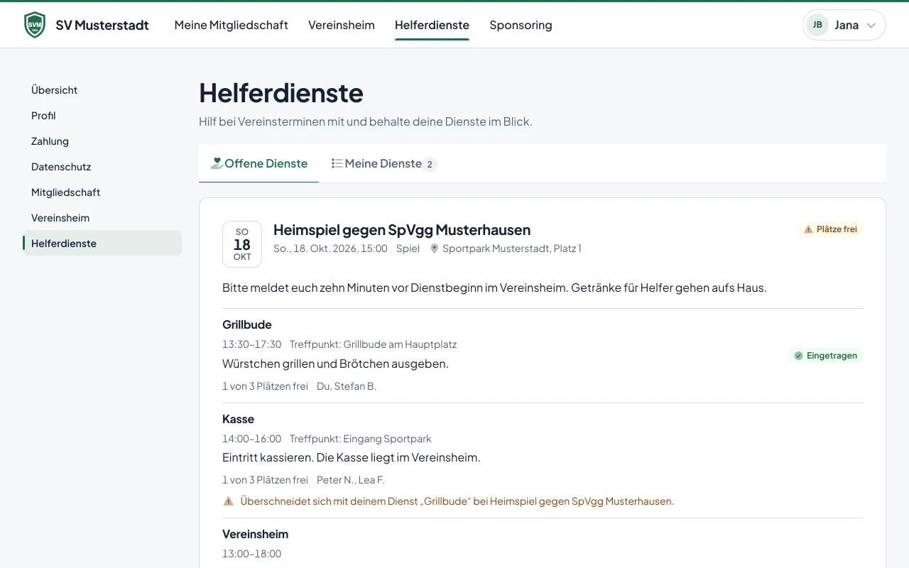 Offene Dienste im Mitgliederbereich, jeder mit einem Knopf zum Eintragen